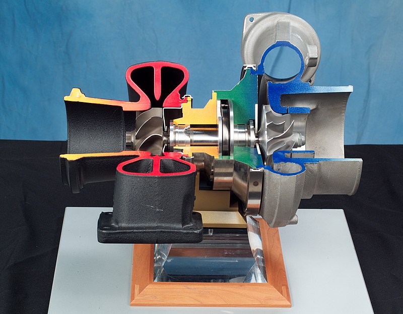 Corte de un turbocompresor con turbina y compresor