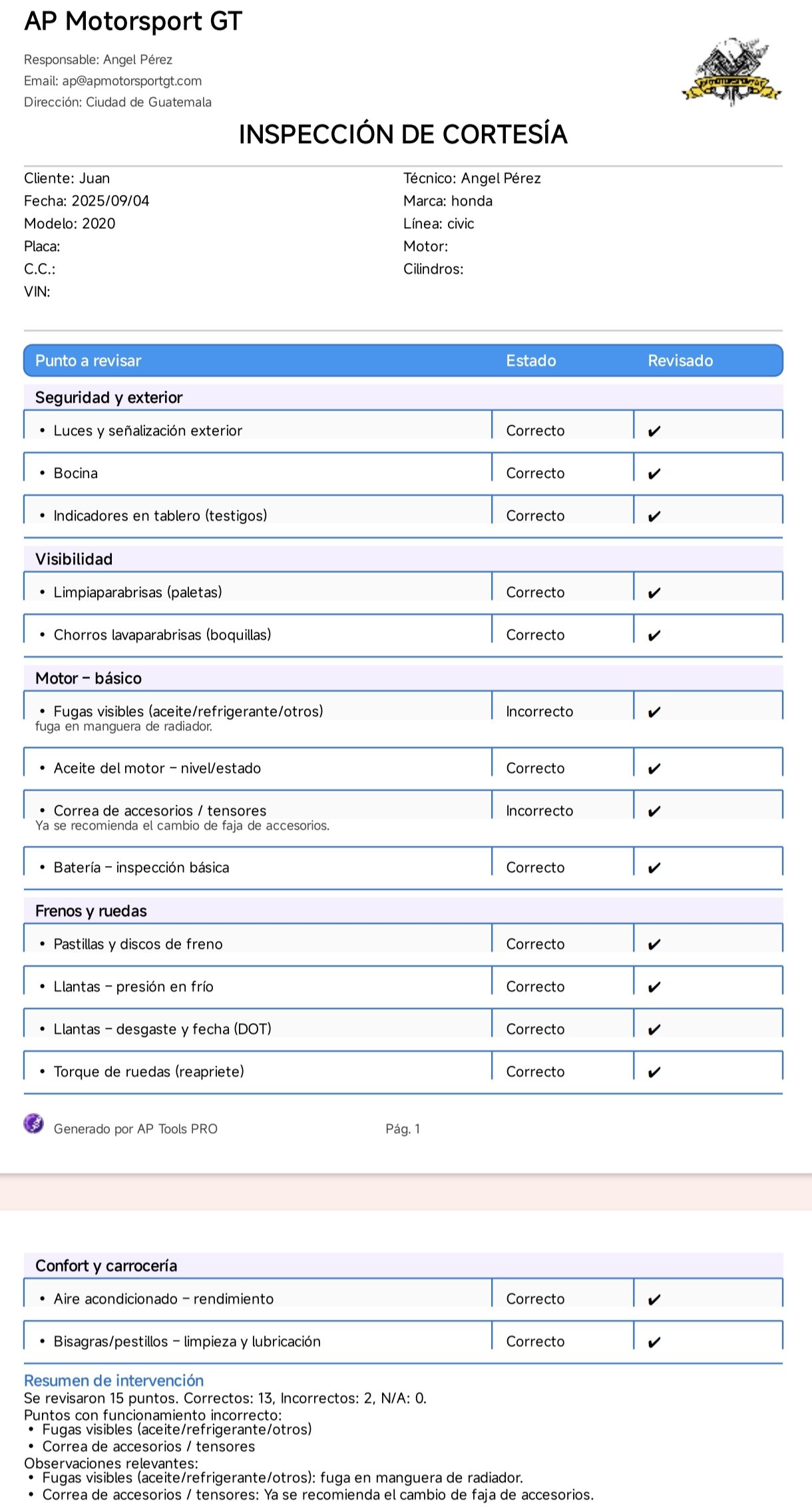Informe de Inspección de cortesía - AP Tools PRO