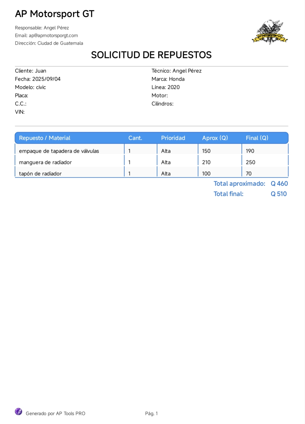 Informe de Solicitud de repuestos - AP Tools PRO